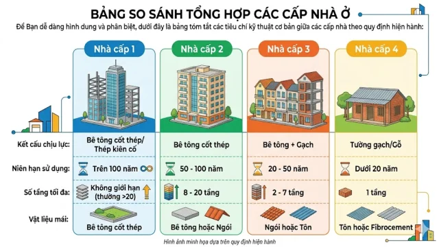 Phân loại nhà cấp 1, 2, 3, 4 theo quy định mới nhất năm 2026