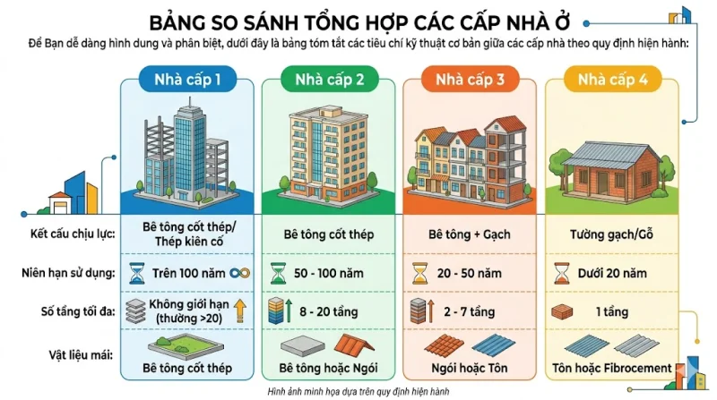 Phân loại nhà cấp 1, 2, 3, 4 theo quy định mới nhất năm 2026