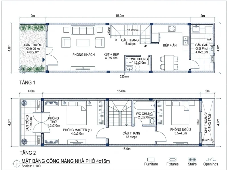 Kinh nghiệm thiết kế xây dựng nhà ống trên diện tích đất 4x15