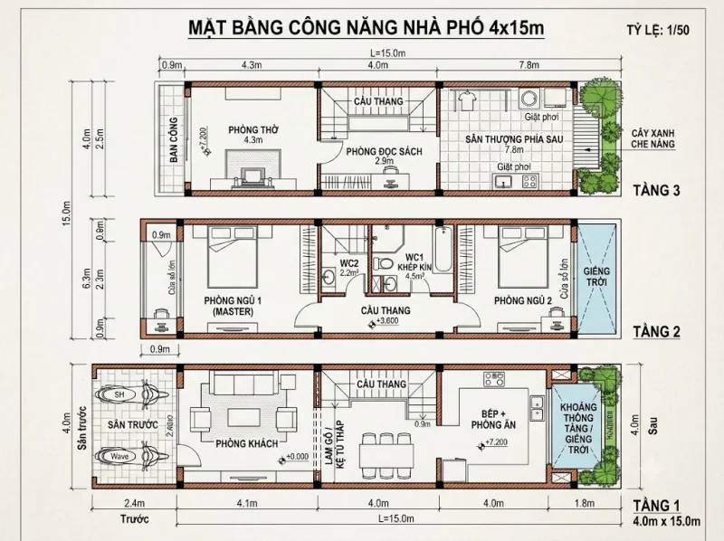 Kinh nghiệm thiết kế xây dựng nhà ống trên diện tích đất 4x15