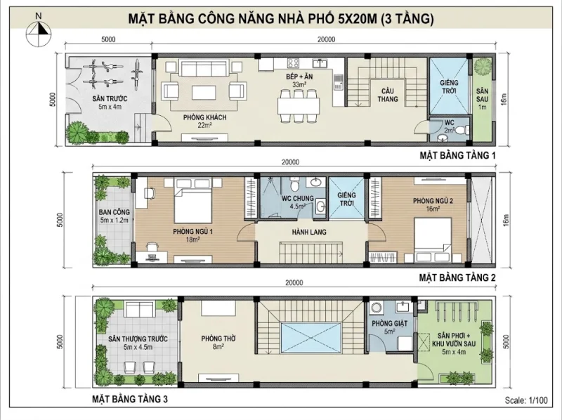 Kinh nghiệm thiết kế xây dựng nhà ống trên diện tích đất 5x20 tối ưu không gian và công năng